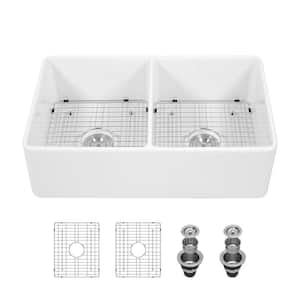 White Ceramic 33 in.  Double Bowl Farmhouse Apron Workstation Kitchen Sink with Grid and Strainer