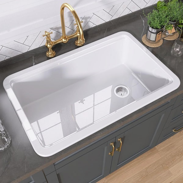 Zeafive Sino 33 in. Drop-In/Undermount Single Bowl White Fireclay