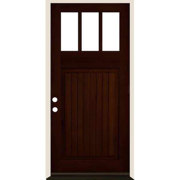 Krosswood Doors 36 in. x 80 in. Craftsman 3 Lite V Groove Red Mahogany Stain Right-Hand/Inswing Hemlock Prehung Front Door