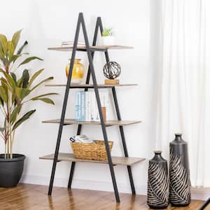 64.5 in. H Modern Industry Rustic Brown Oak Melamine Metal/Wooden 4-shelves Leaning Bookcases and Ladder - Shelf