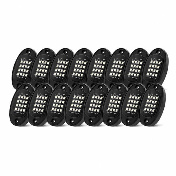 16-Pod RGB LED Rock Light Kit with Extension Wires, Dual-Zone Brake Warning, APP/RF Control, 12V