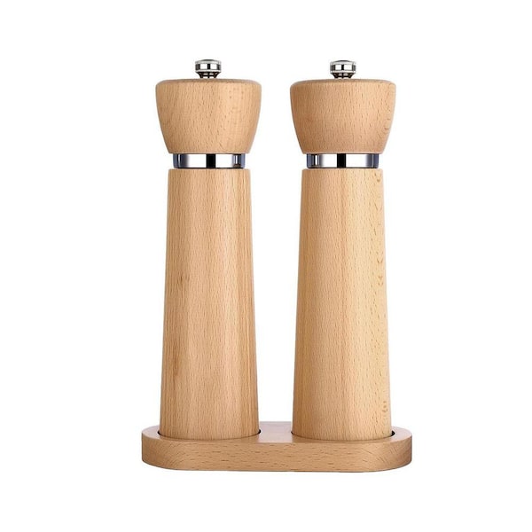 Wooden Salt and Pepper Grinder Set Beech Wood Adjustable Ceramic Burr Manual Mill Refillable 8.3 in.