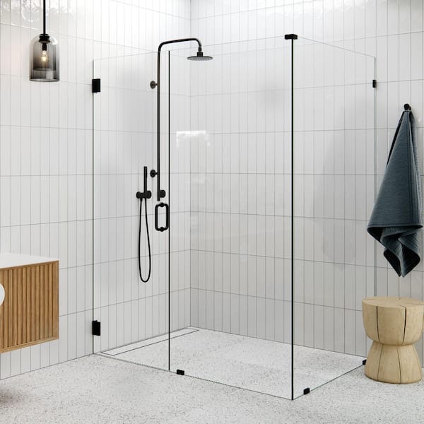 60 in. W x 40.5 in. D x 78 in. H Pivot Frameless Corner Shower Enclosure in Matte Black Finish with Clear Glass