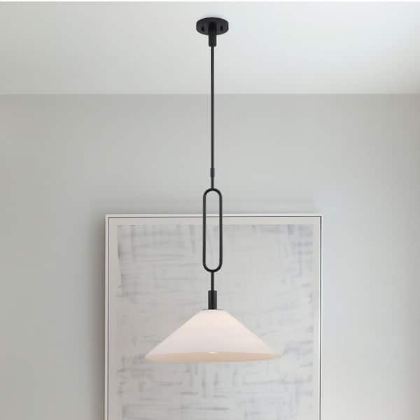 Lumidrop 18 in. 1-Light Black Hanging Pendant Light Fixture with White Opal Glass Shade
