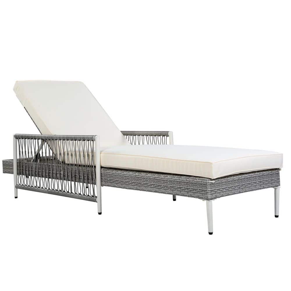 Wicker Outdoor Chaise Lounge with White Cushion, Patio PE Rattan Lounge Chair with 6 Gear Adjustable Recliner, Grey price history on PriceWatchPro