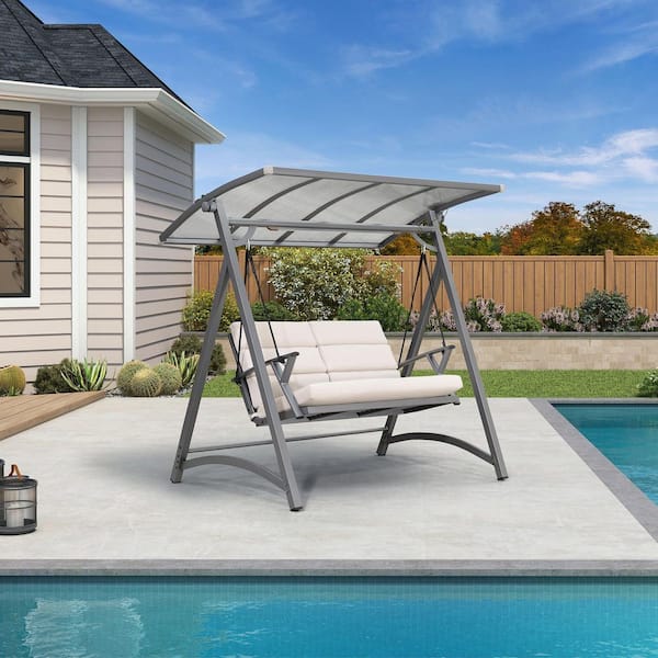 2 Person Porch Swing Patio Swing Chair with PVC Canopy Outdoor Modern Swinging Chairs w/Solar LED Light and Cushions
