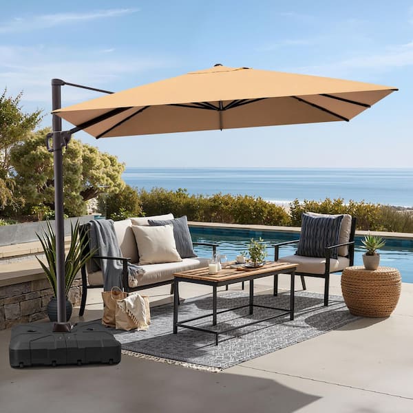 11 ft. x 9 ft. Rectangular Outdoor Cantilever Patio Umbrella in Tan Brown with 260 lbs. Base Stand