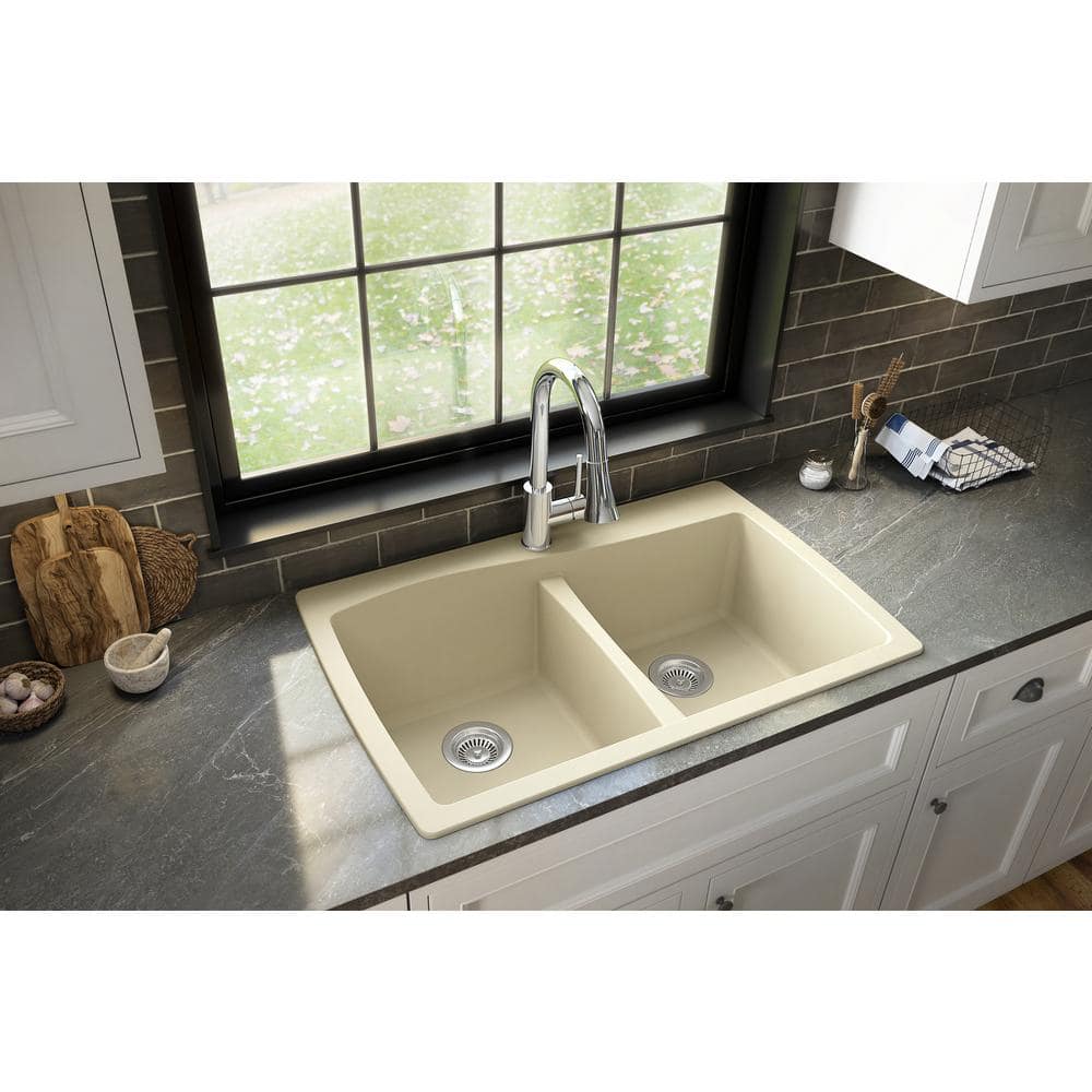 Karran Drop-In Quartz/Granite Composite 34 in. 1-Hole 50/50 Double Bowl Kitchen Sink in Bisque