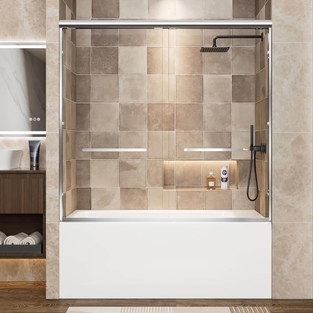 "56""-60"" W x 57"" H Chrome Aluminum Frame Double Sliding Bathtub Door, Soft Close Design, 1/4"" (6mm) Safety Glass" price history on PriceWatchPro