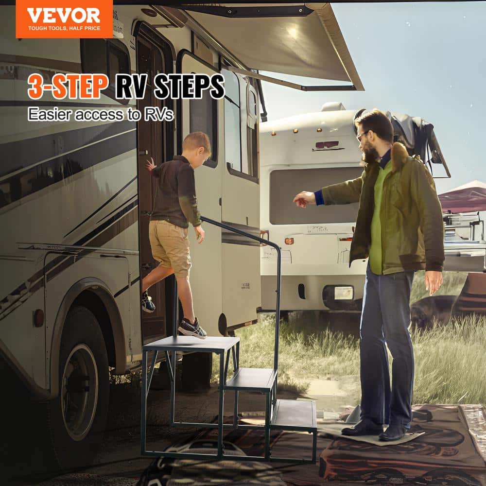 Black Carbon Steel 3-Step RV Stairs with Handrail