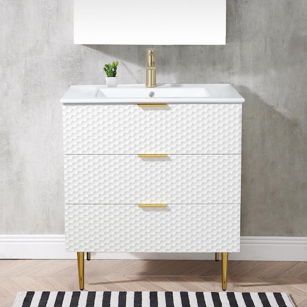 30 in. W x 18 in. D x 33 in. H Modern Prince Walnut Grain Bathroom Vanity with White Ceramic Sink Top .