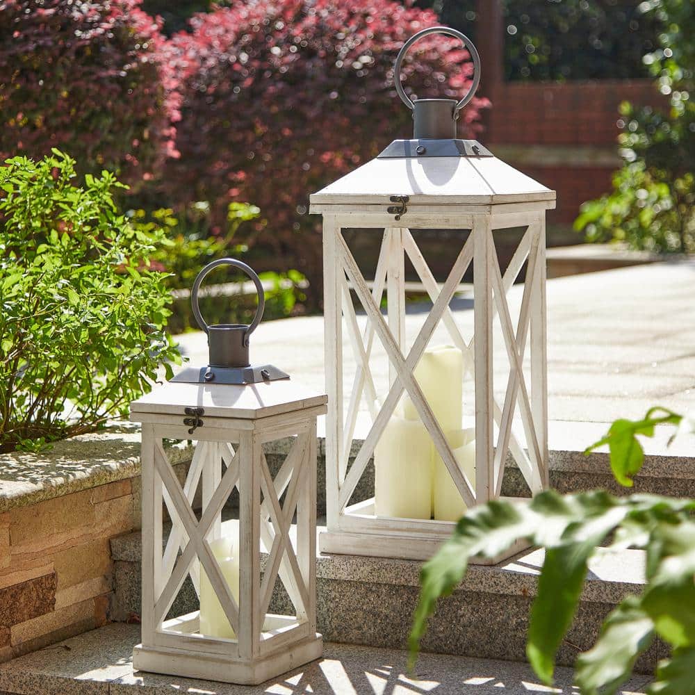 Set of 2 White Wooden Tabletop Candle Lanterns with Metal Top