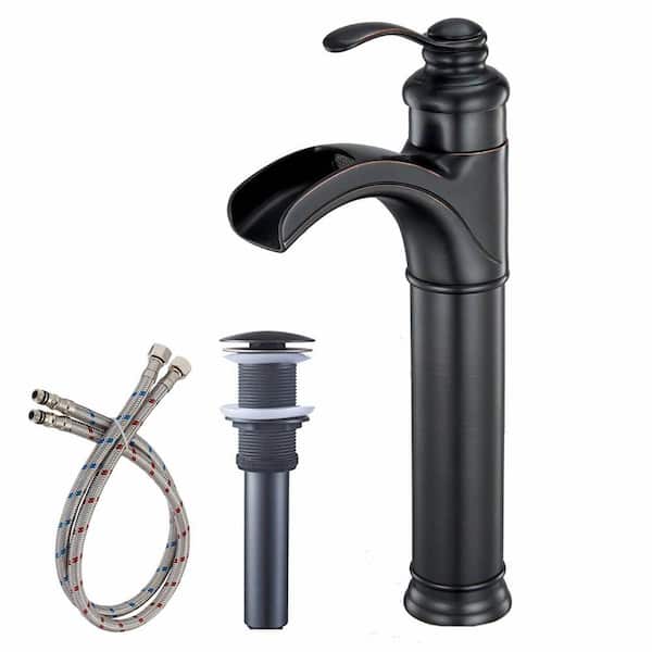FLG Single Handle Single Hole Waterfall Bathroom Vessel Sink Faucet Brass Tall Taps with Pop-Up Drain Kit Oil Rubbed Bronze