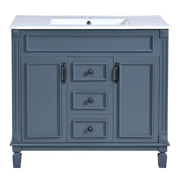 36 in. Single Sink Freestanding Blue Bath Vanity with White Ceramic Top, 2-Drawers and 2-Soft Closing Doors Unassembled