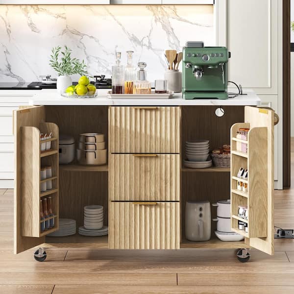 Cesicia Farmhouse Natural Wood 55.5 in. Power Outlet Drop Leaf Rolling Fluted Kitchen Storage Island with Adjustable Shelves