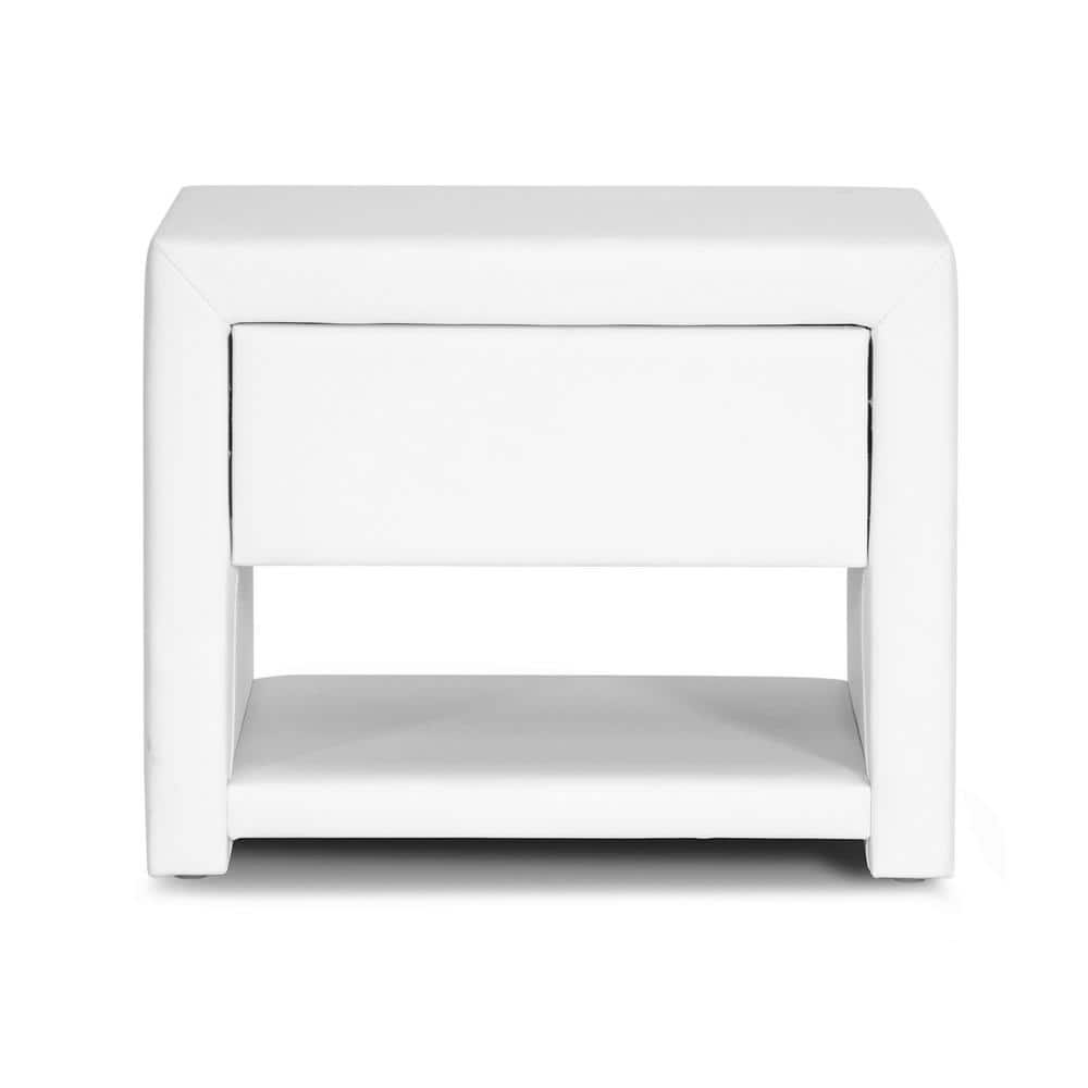 Petite Massey White Faux Leather Modern Nightstand with Single Drawer