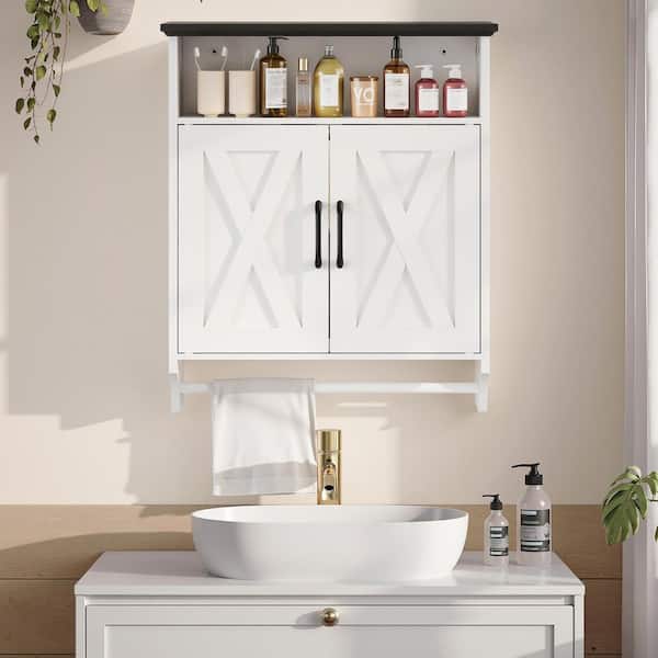 Motion Sensor LED Bathroom Wall Cabinet, 27.6 in. Farmhouse Accent Storage Cabinet with Adjustable Shelves