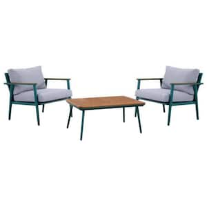 3-Piece Green Aluminum Outdoor Dining Patio Conversation Coffee Table and Chair Set with Grey Cushion