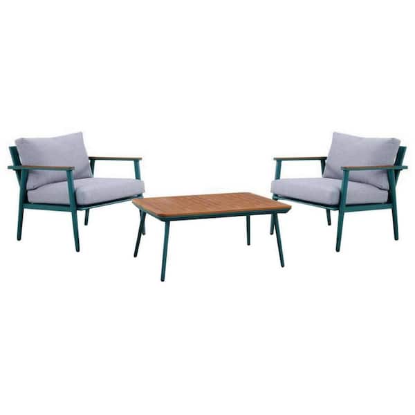 Benjara 3-Piece Green Aluminum Outdoor Dining Patio Conversation Coffee Table and Chair Set with Grey Cushion