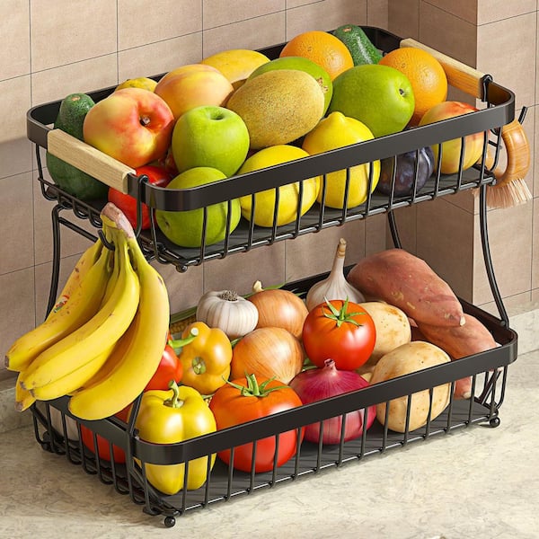 2 Tier Metal Fruit Basket with Detachable and Wooden Handle for Kitchen Counter, Bread, Snack and Veggies (1-Pack)