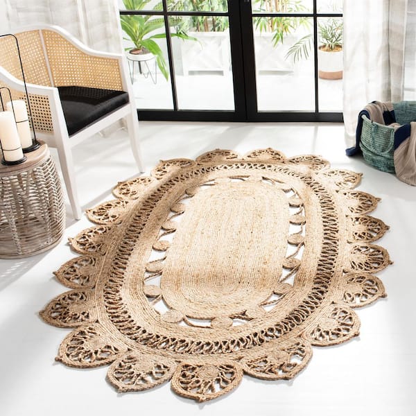 Natural Fiber Beige 7 ft. x 9 ft. Floral Woven Oval Area Rug