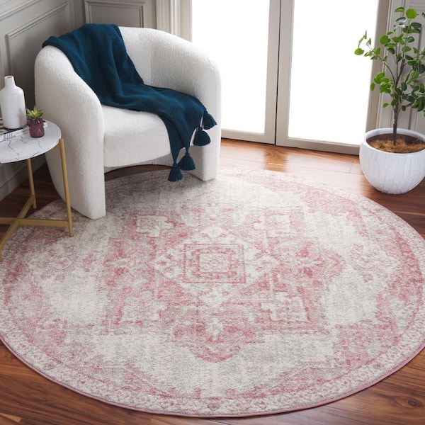 Layla 7 ft. x 7 ft. Ivory Gray/Pink Ornate Medallion Distressed Round Area Rug