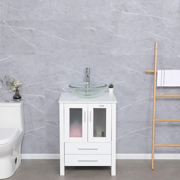 eclife 24 in. W x 20 in. D x 32 in. H Single Sink Bath Vanity in White with Clear Glass Vessel Sink Top Chrome Faucet