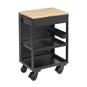 Utility Cart with Wooden Top in Black (24.25 in. W x 37.5 in. H x 17.5 in. D)
