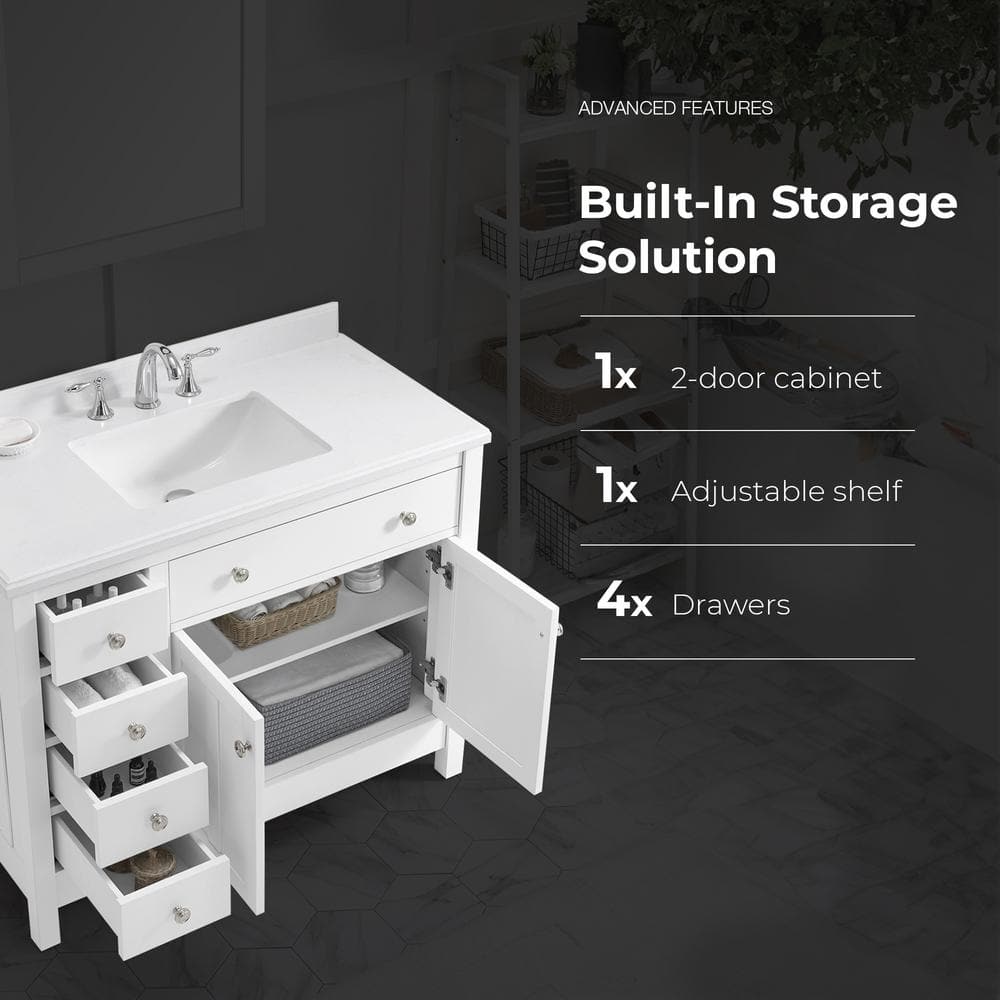 Newcastle 42" White Wood Bathroom Vanity with Marble Countertop