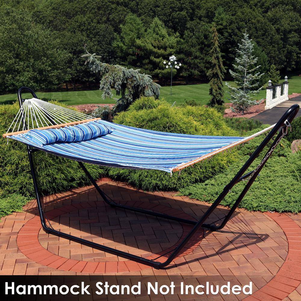 Blue Quilted Polyester 2-Person Spreader Bar Hammock with Pillow
