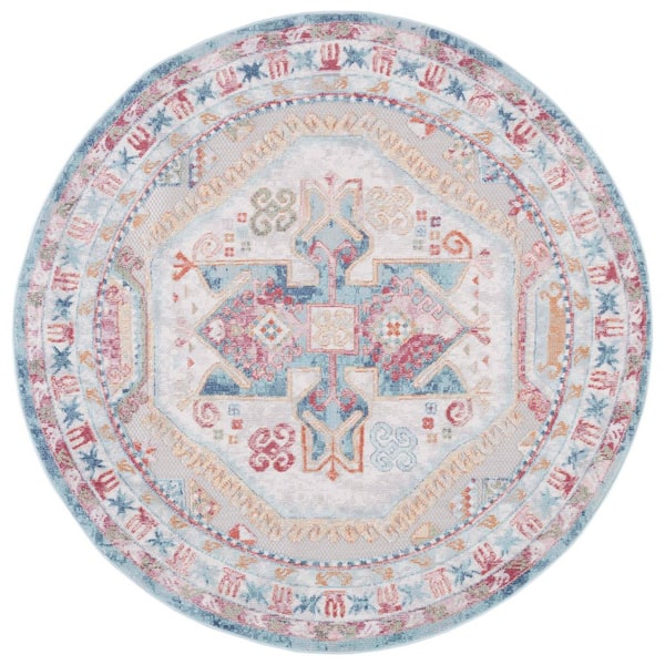 Cabana Rust/Blue/Ivory 7 ft. x 7 ft. Ornate Aztec Indoor/Outdoor Round Area Rug