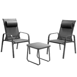 Grey 3-Pieces Metal Square 16.5 in. Outdoor Bistro Set Adjustable Back Stackable Chairs