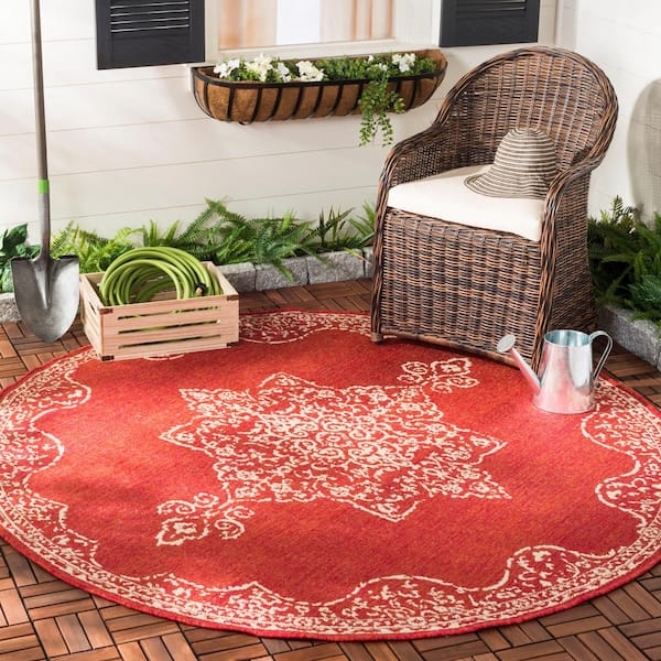 Beach House Red/Cream 7 ft. x 7 ft. Round Oriental Indoor/Outdoor Patio  Area Rug