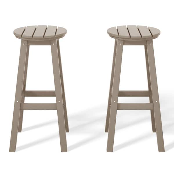 Laguna 29 in. HDPE Plastic All Weather Backless Round Seat Bar Height Outdoor Bar Stool in Weathered Wood (Set of 2)