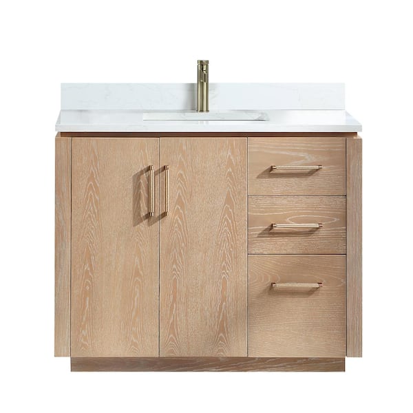 San 42 in.W x 22 in.D x 33.8 in.H Single Sink Bath Vanity in Washed Ash Grey with White Composite Stone Top