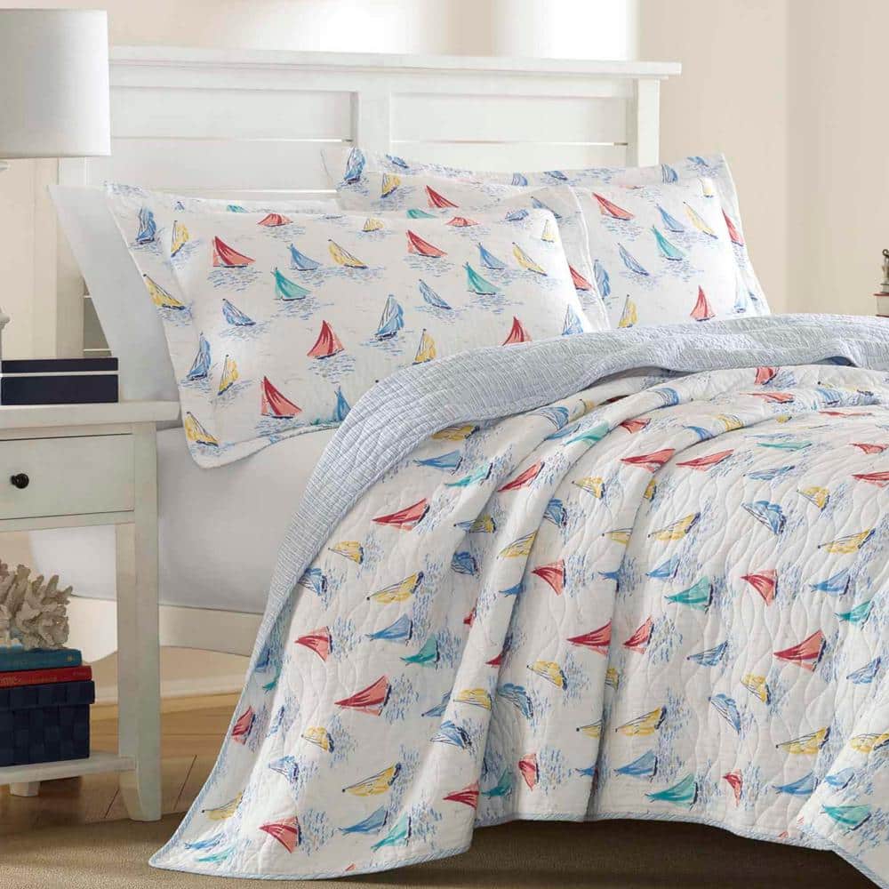 Ahoy Blue Cotton Reversible King Quilt Set