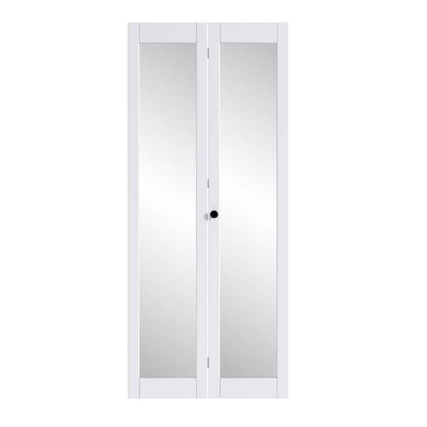 36 in. x 80 in. 1-Lite Mirrored Glass Solid Core White Finished MDF Bi-Fold Door with Hardware Kit