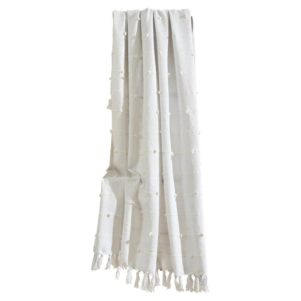 Boho White Single Tufted Cotton Woven Tassel Fringe Throw Blanket 50 in. x 