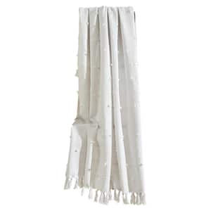Boho White Single Tufted Cotton Woven Tassel Fringe Throw Blanket 50 in. x 60 in.