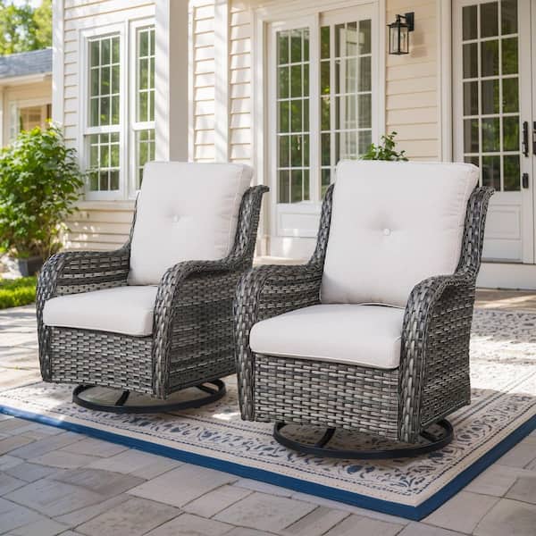 7-Piece Gray Wicker Fire Pit Conversation Set with Olefin Beige Cushions and 4 Swivel Glider Chairs and Side Tables
