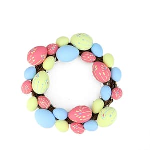 10 in. Artificial Pink, Yellow and Blue Floral Stem Easter Egg Spring Grapevine Wreath