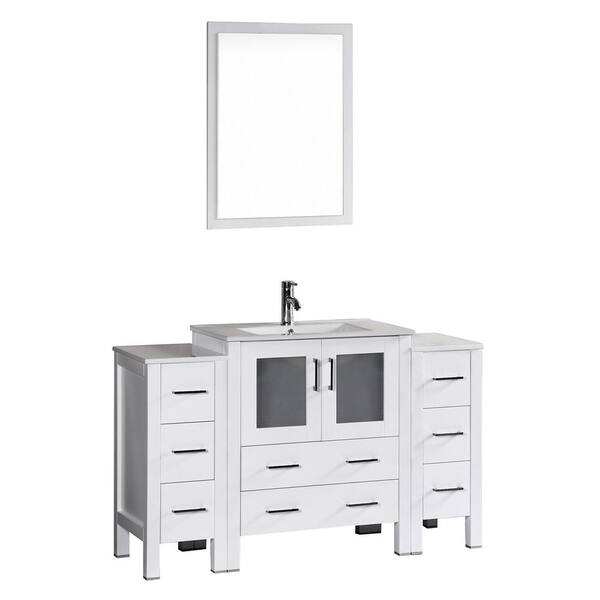 Bosconi Bosconi 54 in. W Single Bath Vanity in White with Ceramic Vanity Top with White Basin and Mirror