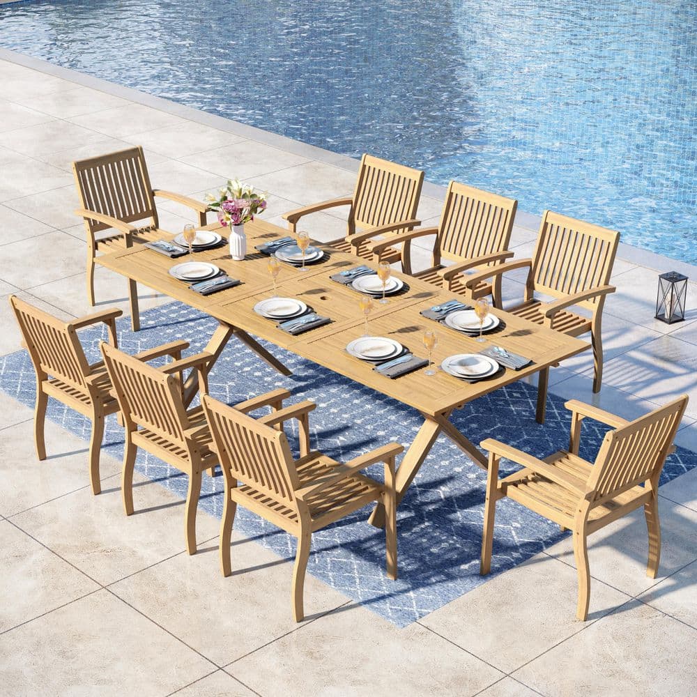 Brown 9-Piece Outdoor Patio Dining Set With Acacia Wood Rectangular Extendable Table and Wood Chairs
