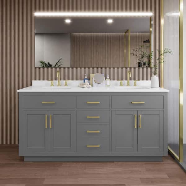 Wyndham Collection Beckett TK 72 in. W x 22 in. D x 35 in. H Double Sink Bath Vanity in Dark Gray with Brushed Gold Trim White Quartz Top