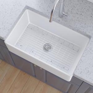 30 in. Farmhouse Single Bowl White Ceramic Kitchen Sink with Bottom Grids
