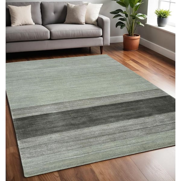 5 ft. x 8 ft. Gray And Light Green Wool Striped Hand Woven Area Rug