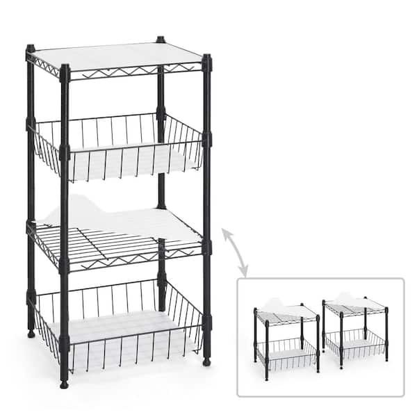 Steel Wire 2 To 4 shelf Stackable Storage Shelving Unit with Baskets and Liner in Black (15 in. W x 30 in. H x 14 in. D)