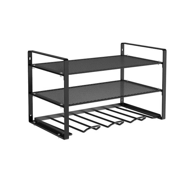 Angel Sar Black Alloy Steel 3 Layers Wall Mount Storage Rack with 4 Drill Holders for Garage Tools Organizer