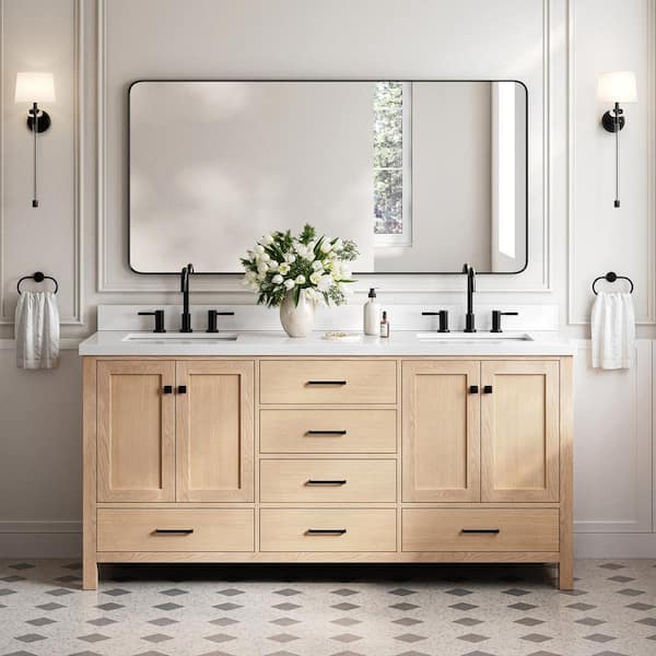 ARIEL Cambridge 73 in. W x 22 in. D x 36 in. H Double Sink Bath Vanity in Oak with Pure White Quartz Top