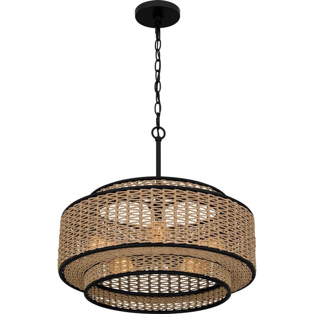 Matte Black and Natural Rope Drum Pendant Light, 5-Light